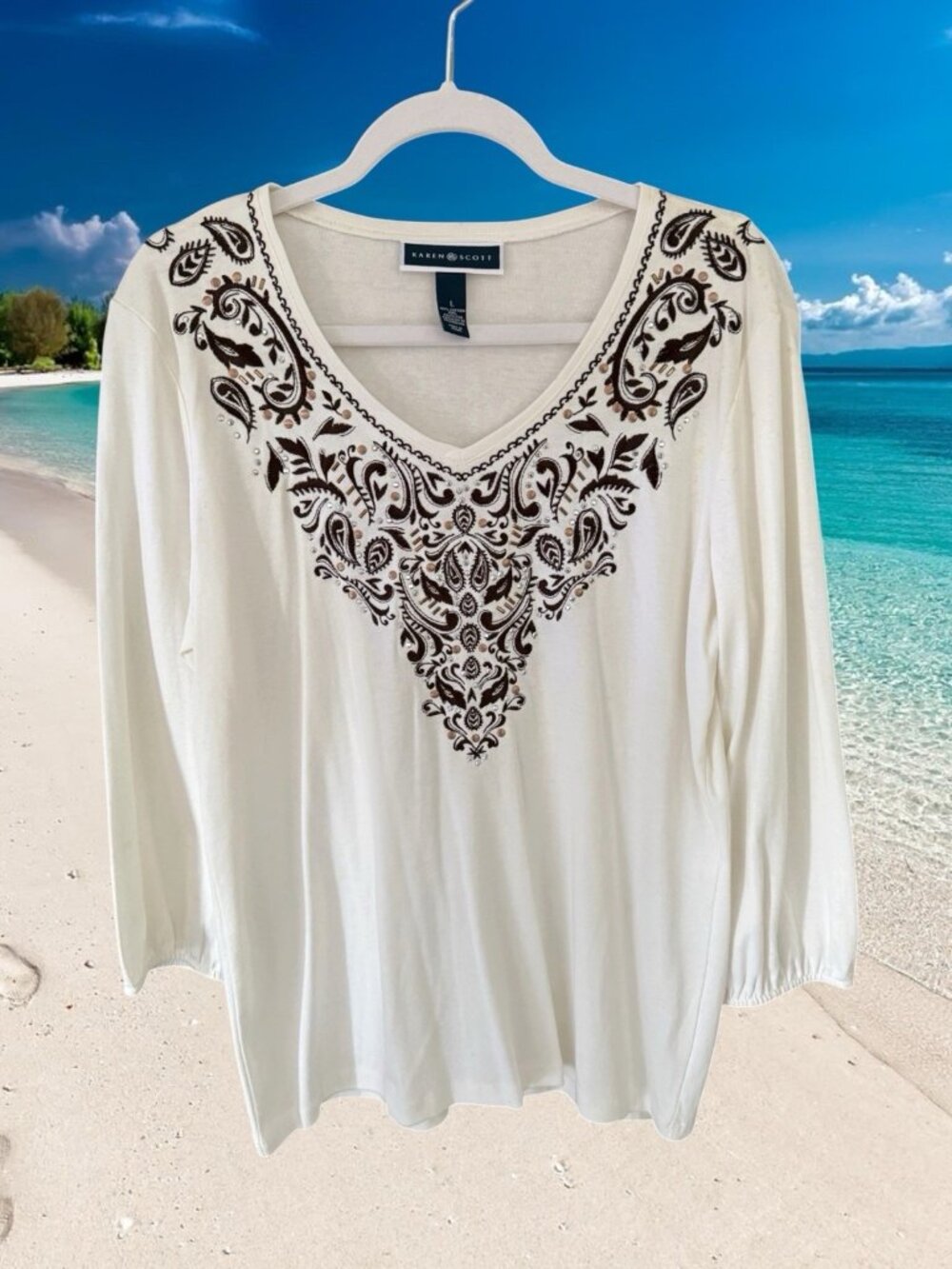 Karen Scott Ivory/Brown Embellished V-Neck 3/4 Sleeve Top-Size Large-NWT